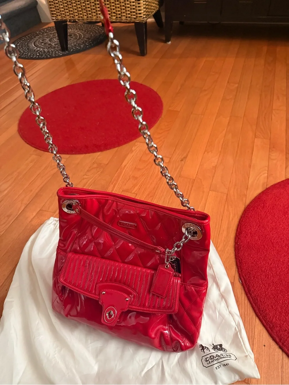 Coach Red Quilted Patent Shoulder Bag with Silver Chain